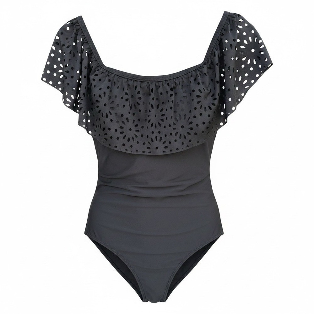 Black Solid One-Piece Swimsuit Ruffle Overlay Stretch Knit XL Polyamide/Elastane